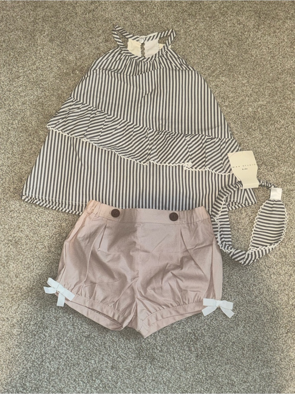 Max Studio Navy Stripe Halter Top with Blush Pink High-Waist Shorts